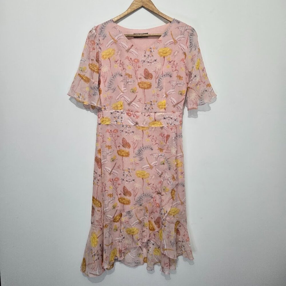 Womens Pink Floral Fairy Dress Sz M Assymetric Chiffon Romantic Dragonfly Garden